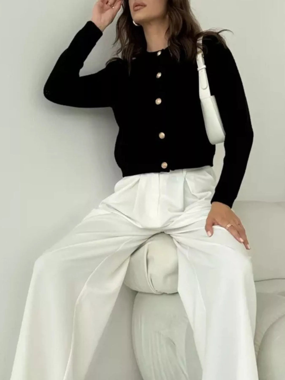 Textured waffle-knit button-up cardigan with gold buttons