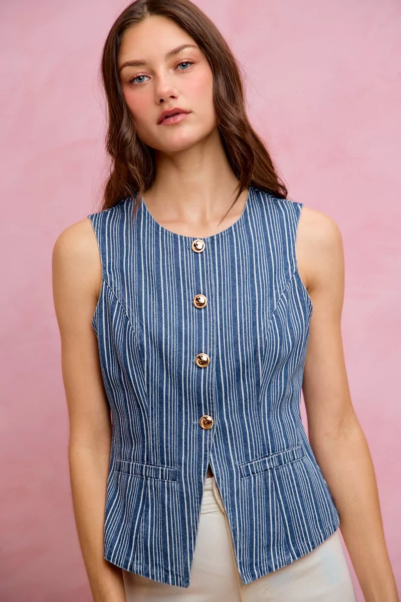 Striped denim button-front vest top with gold buttons