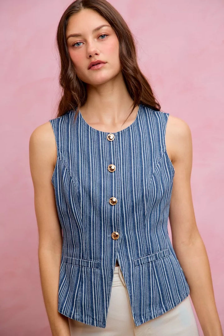 Striped denim button-front vest top with gold buttons