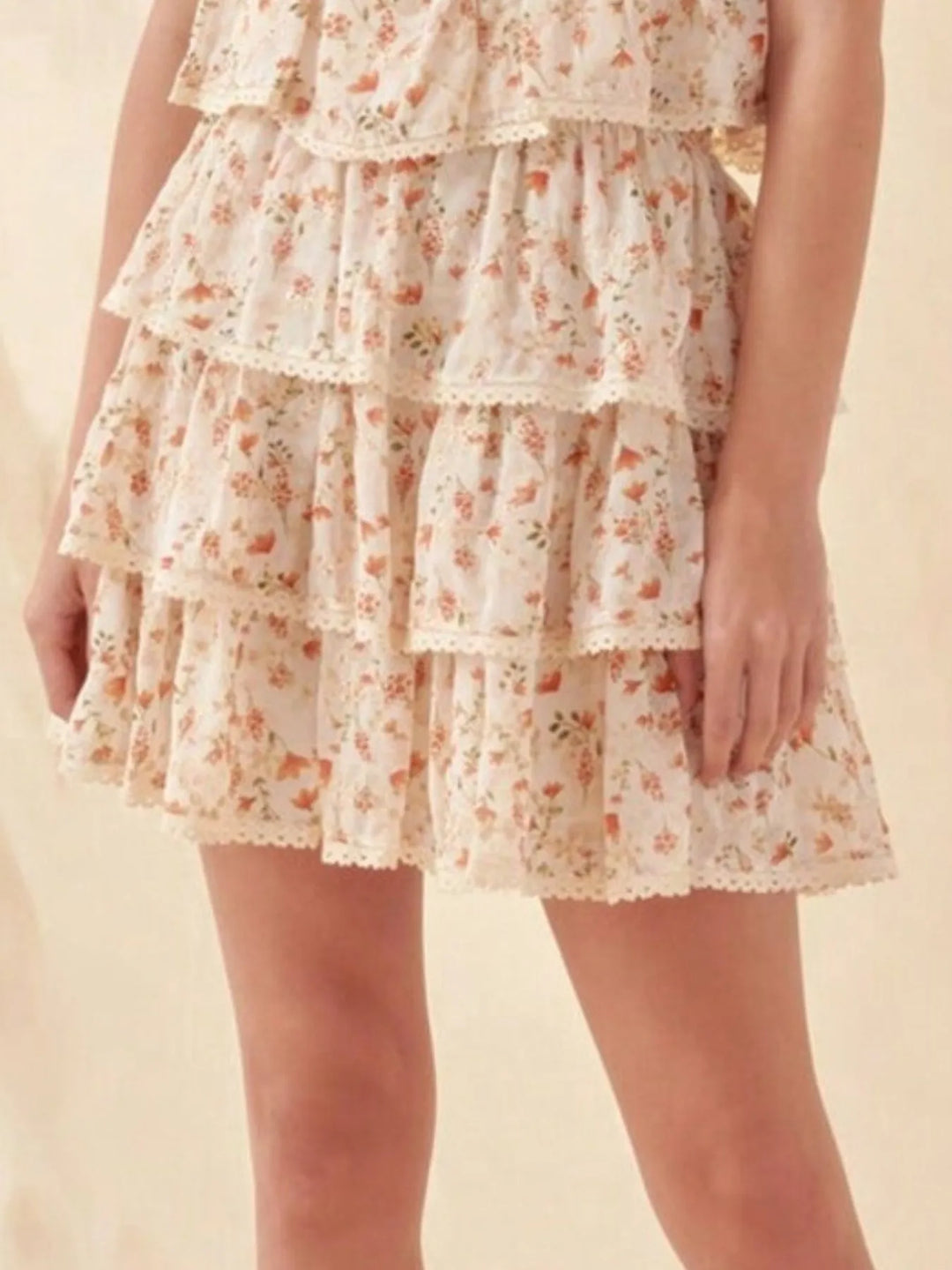 Apricot Three-tier floral ruffle mini skirt with lace trim