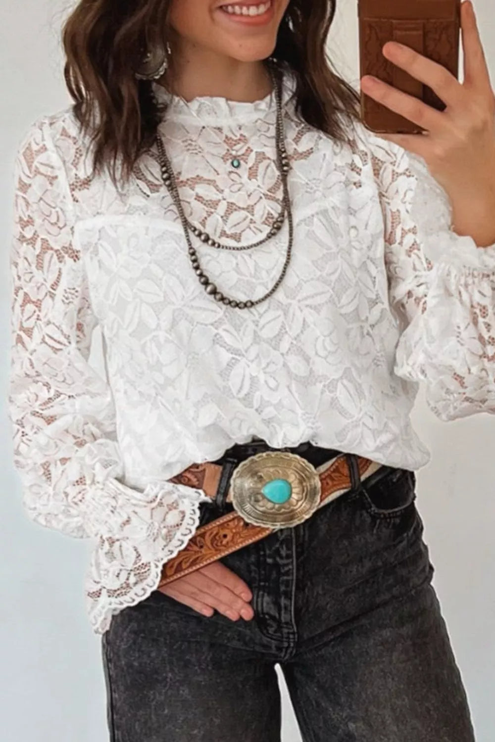 Sheer floral lace blouse with ruffle mock neck and flounce sleeves