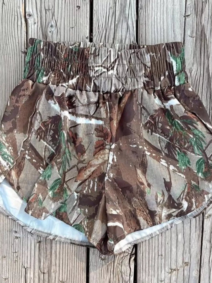 Dark Brown Camo print flowy running shorts with elastic waist