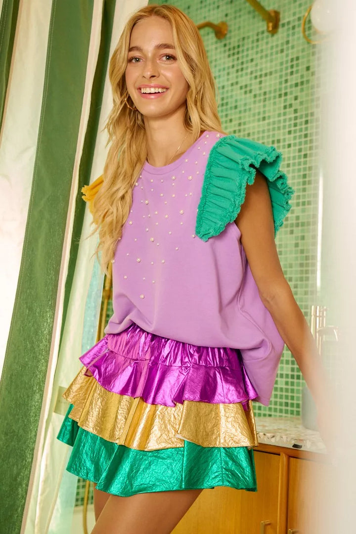 Pearl-studded flutter sleeve top with frayed ruffle trim