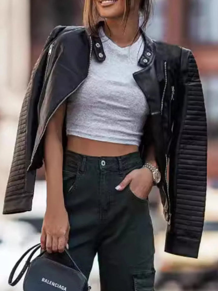 Black Quilted sleeve faux leather moto jacket with asymmetric zip