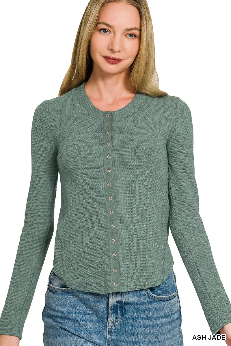 ASH JADE Textured double knit snap button long sleeve top