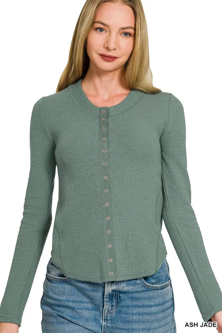 ASH JADE Textured double knit snap button long sleeve top
