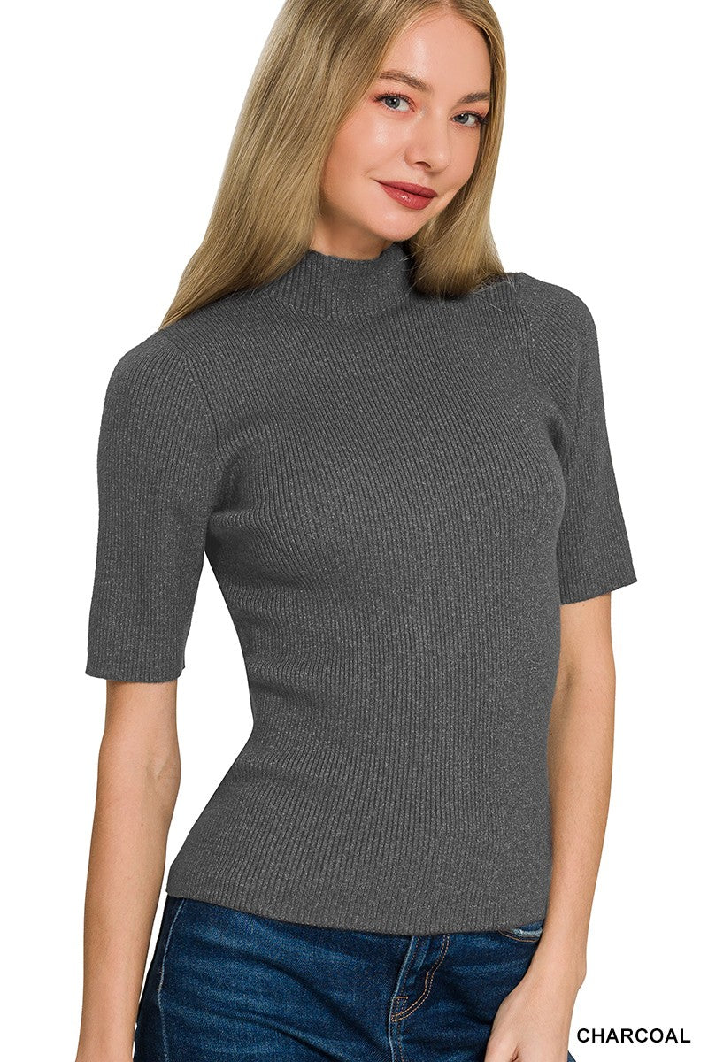 CHARCOAL Ribbed knit mock neck short sleeve sweater