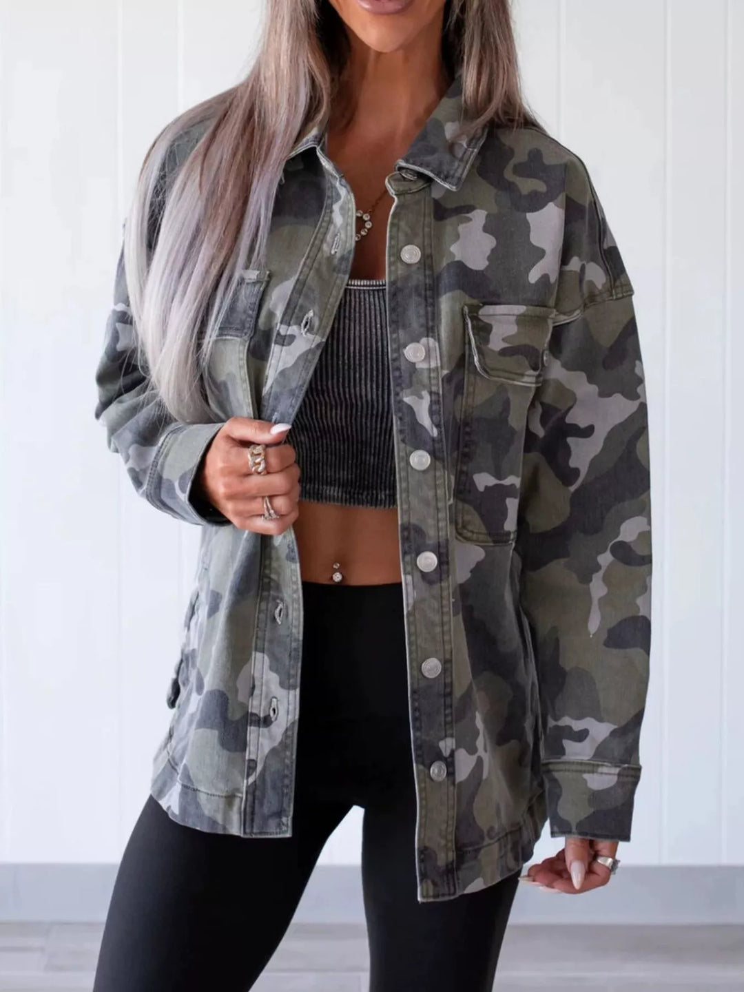 Green Camo print oversized button-up denim shacket