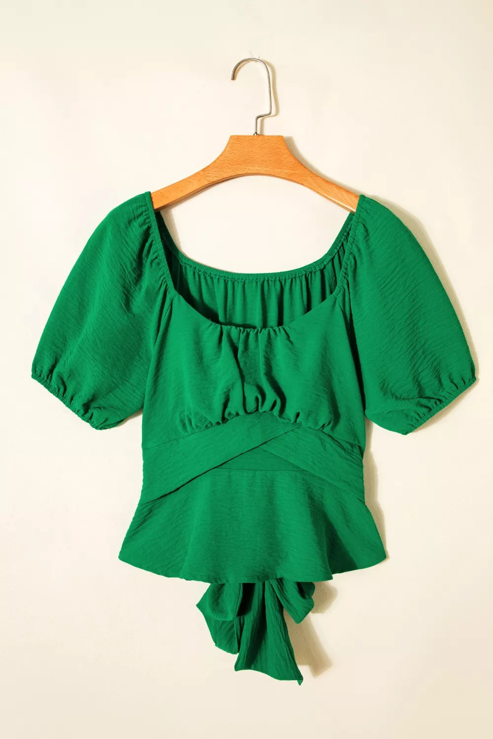 Ruched square-neck peplum top with crossed waist and tied back