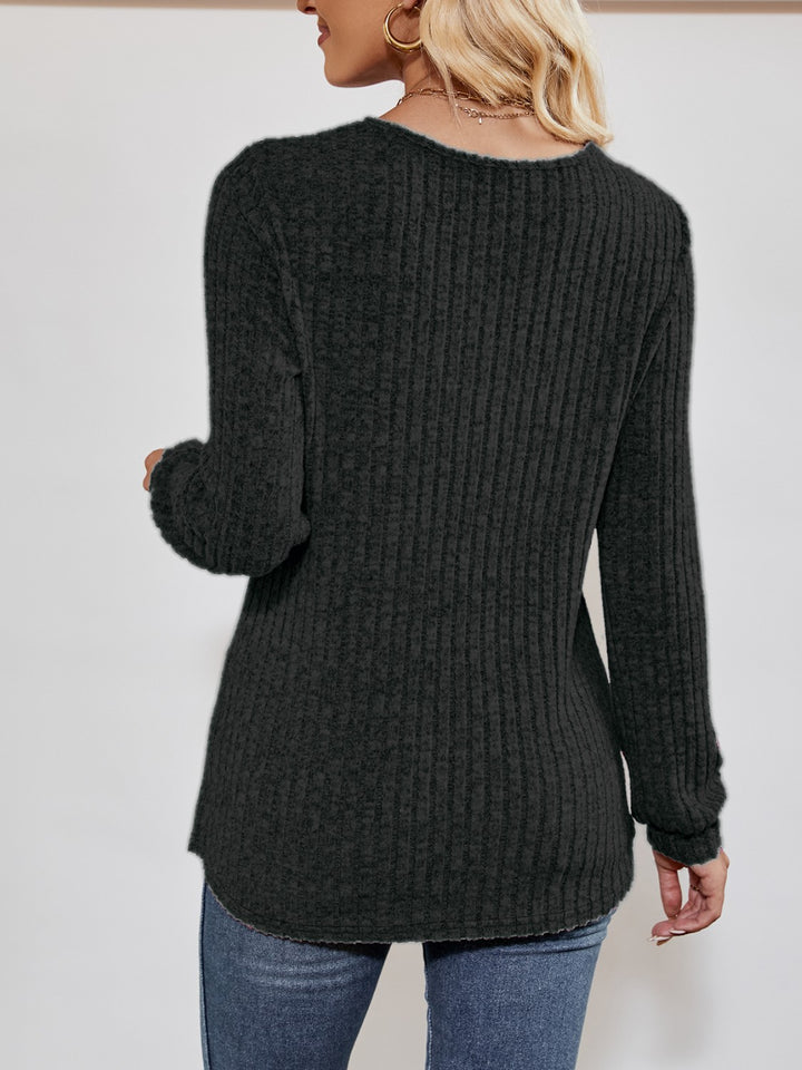 Ribbed knit crossover V-neck long sleeve top