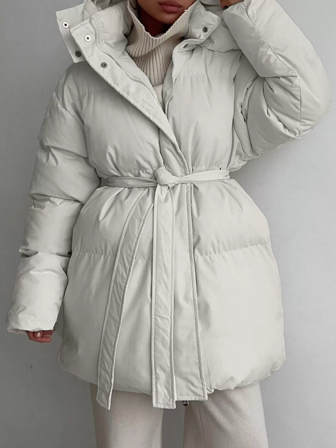 Belted puffer winter coat with snap-off hood
