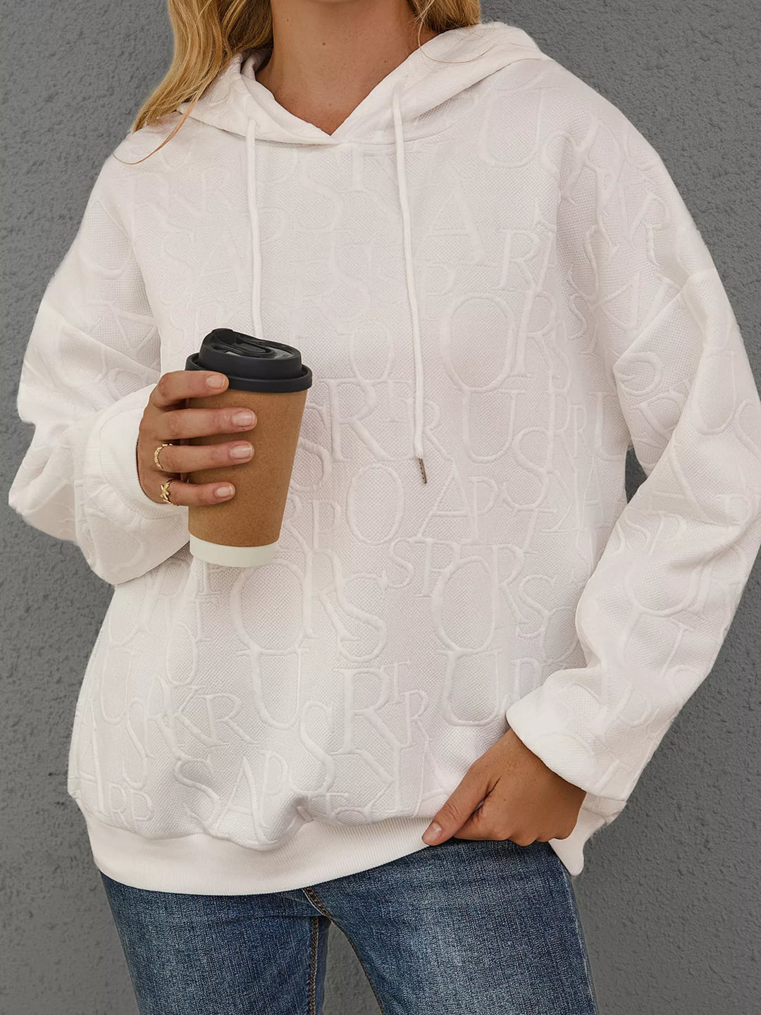 White Embossed lettering drawstring pullover hoodie