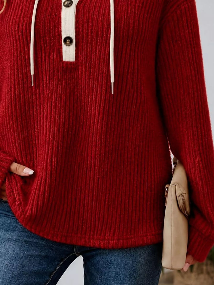 Ribbed knit drawstring hoodie with button henley placket