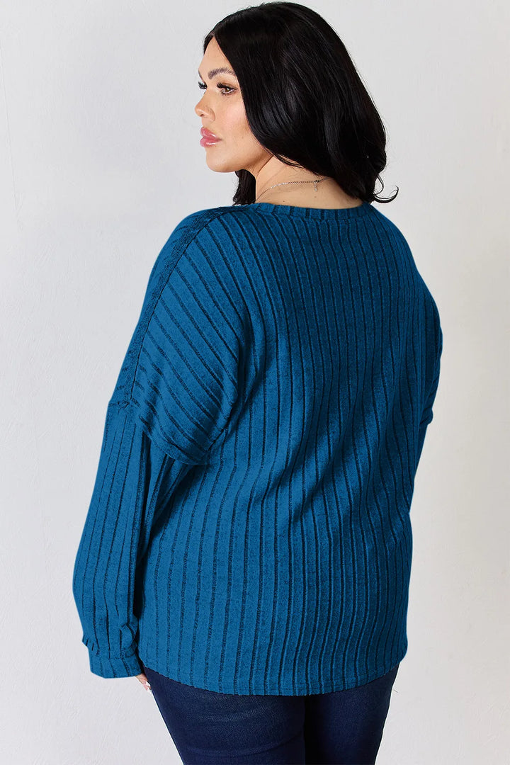 Ribbed knit half-button henley long sleeve top