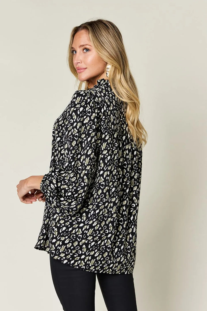 Leopard print button-front long sleeve tunic blouse