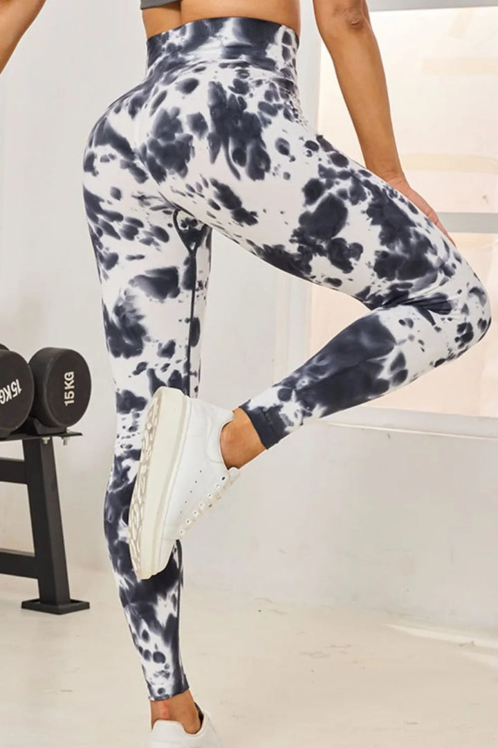 Tie-dye high-waist active leggings with wide waistband