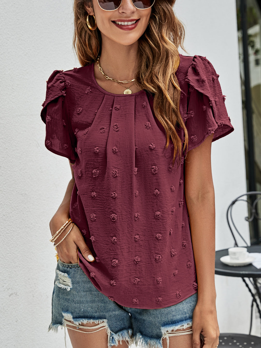 Wine Swiss dot petal sleeve top with pleated round neck