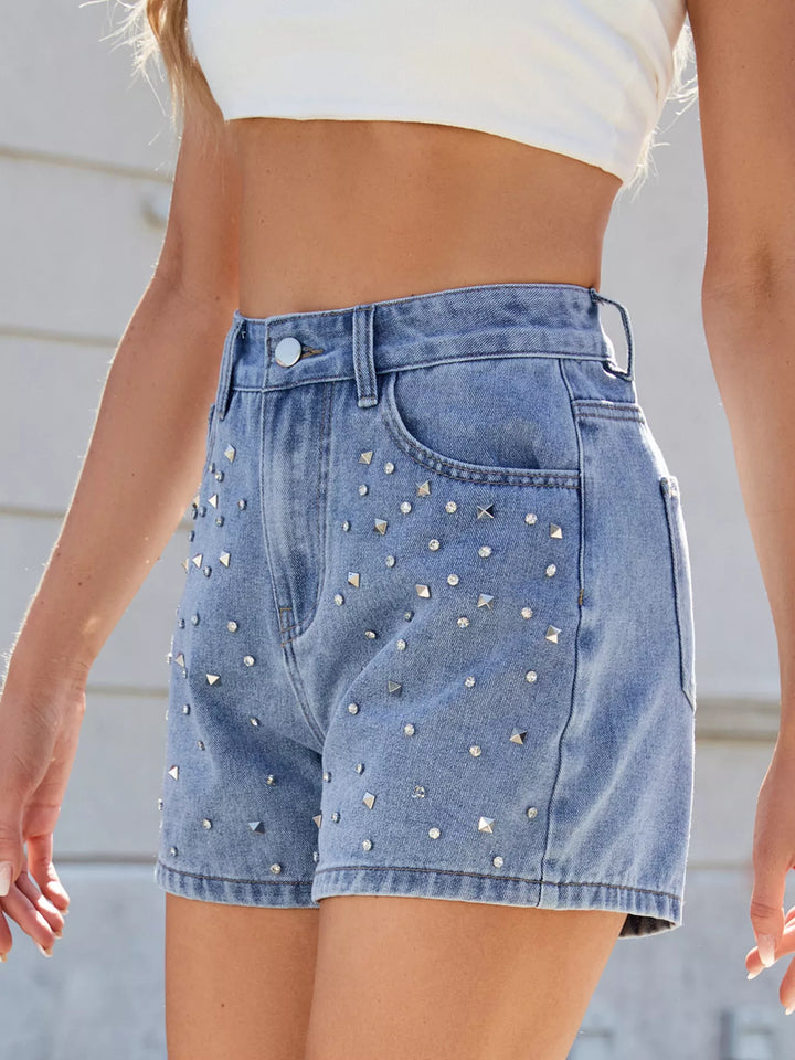 Studded rhinestone high-waist denim shorts