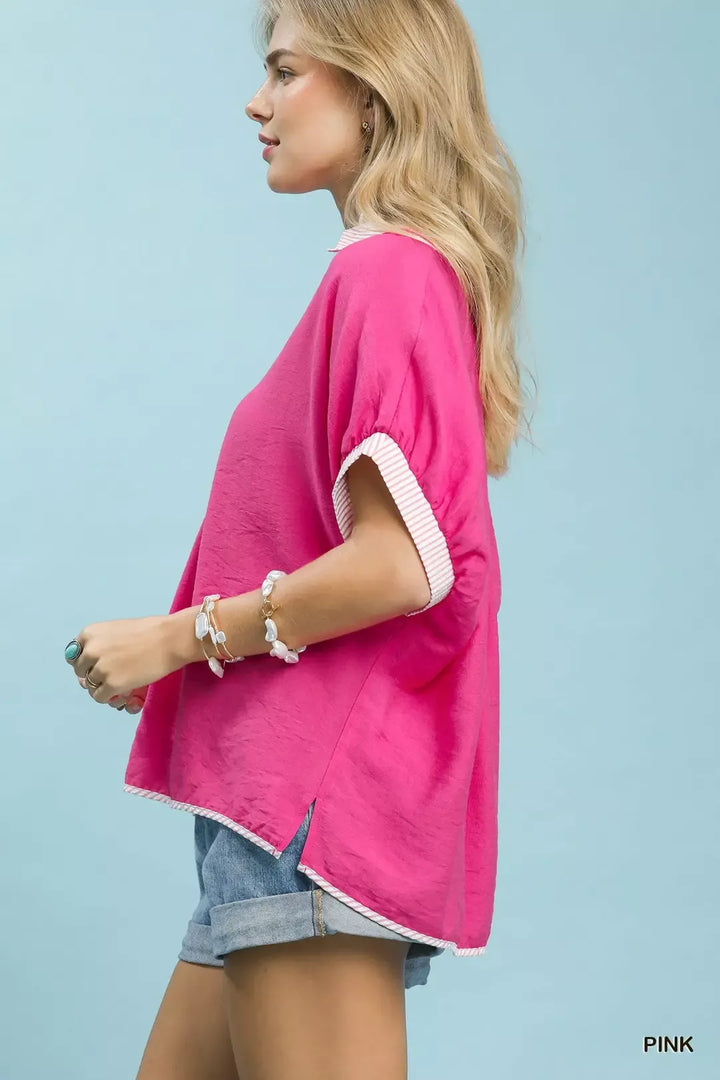 Oversized V-neck top with contrast stripe trim