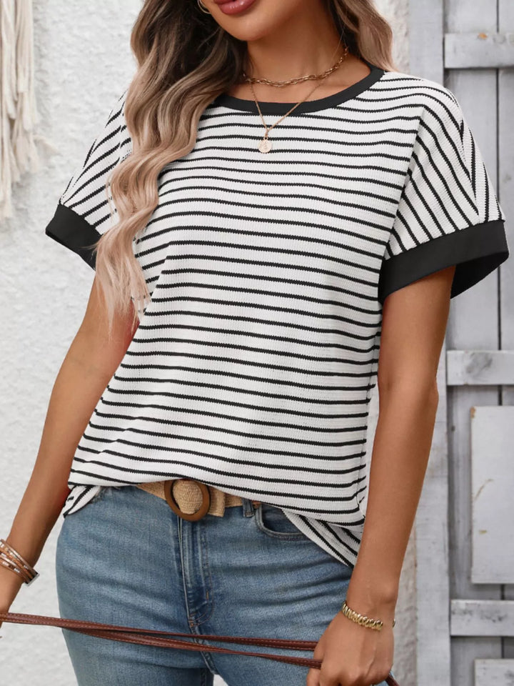 Striped short sleeve knit tee with contrast trim