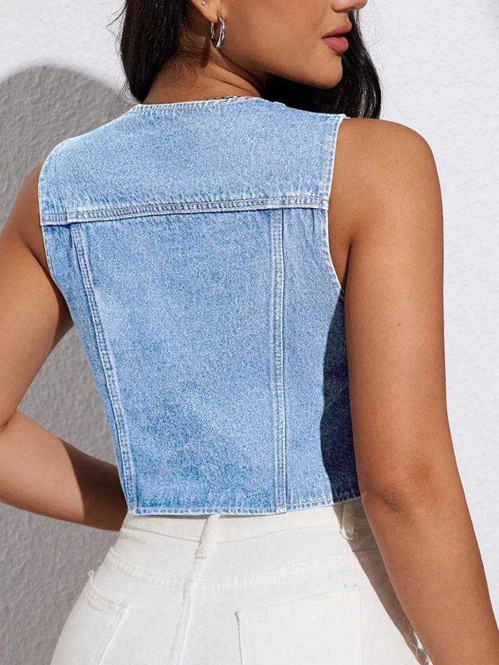 Tie-front cropped denim vest with welt pockets