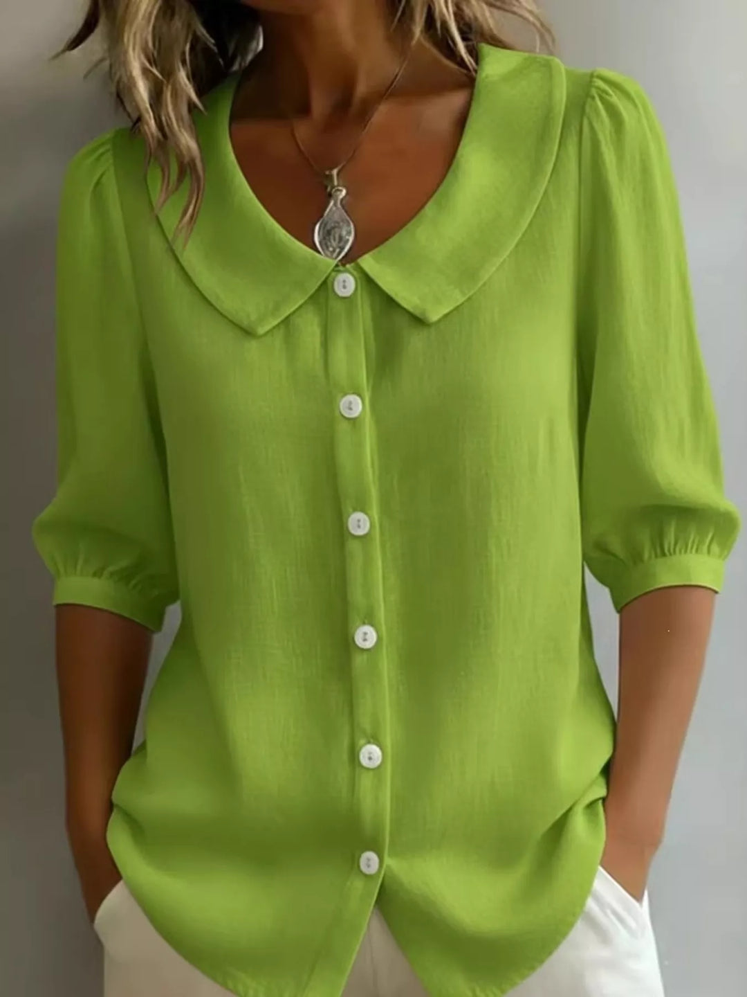 Yellow-green Peter Pan collar button-down blouse with 3/4 sleeves
