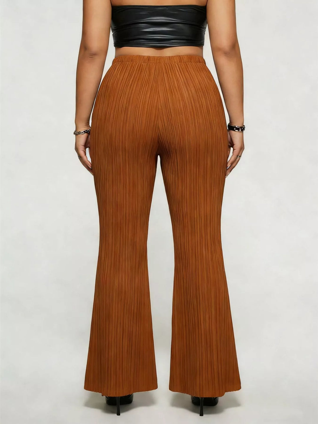 Plus size high-rise ribbed flare pants with buckle detail
