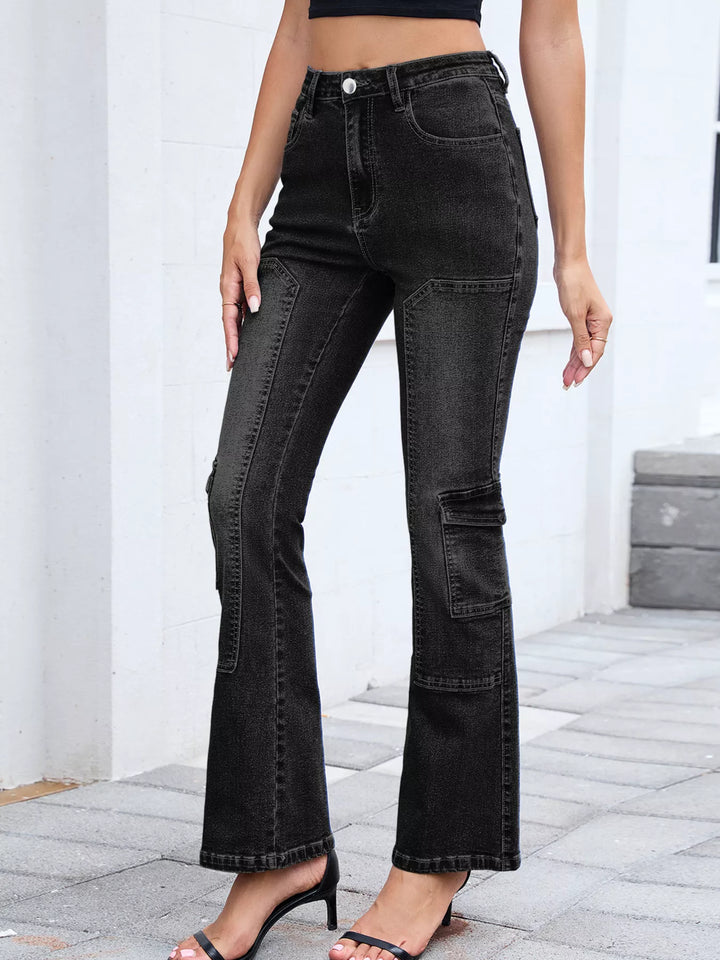 Black High-rise bootcut cargo jeans with paneled seams