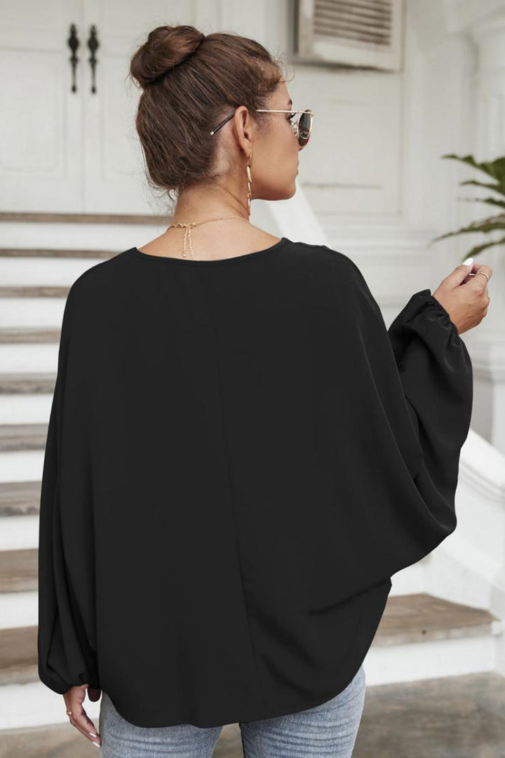 Balloon sleeve tie-neck blouse with keyhole front