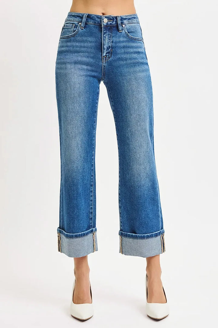 Mid rise straight crop jeans with wide cuffed hem
