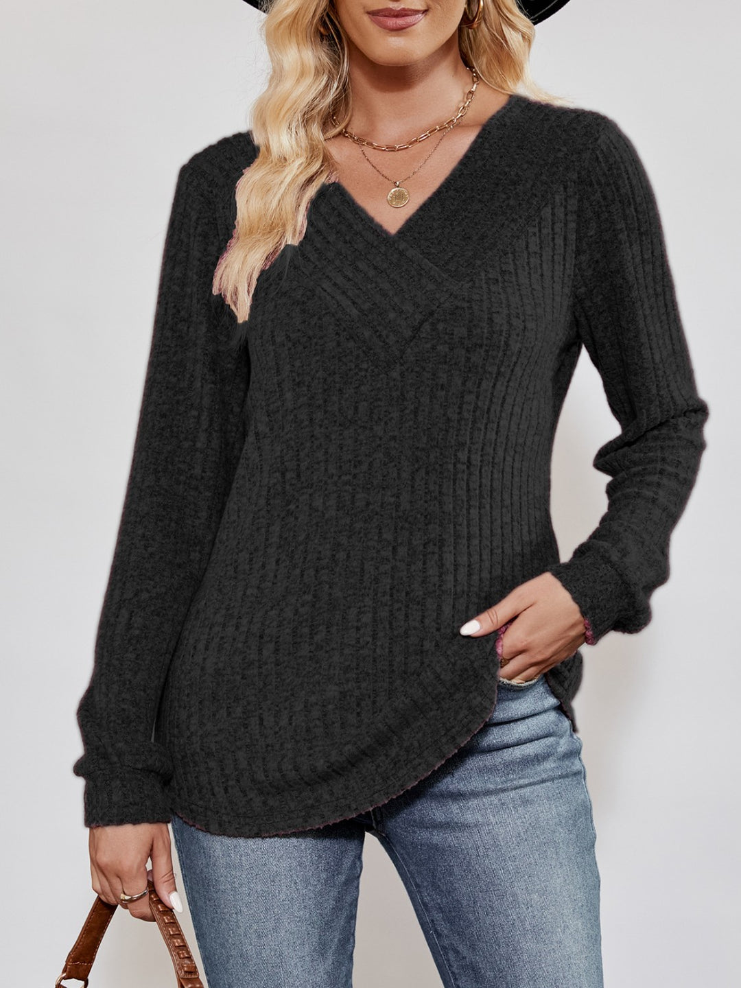 Black Ribbed knit crossover V-neck long sleeve top