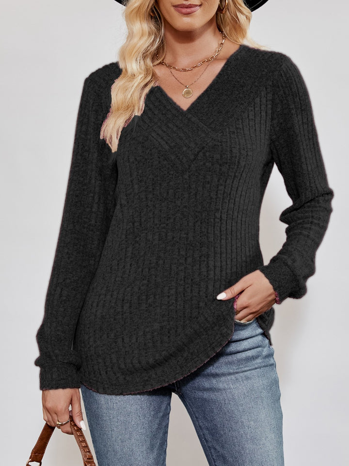 Black Ribbed knit crossover V-neck long sleeve top