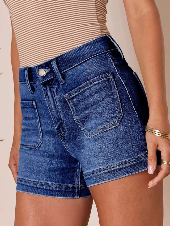 Dark Blue High-rise pocketed denim shorts with cuffed hem