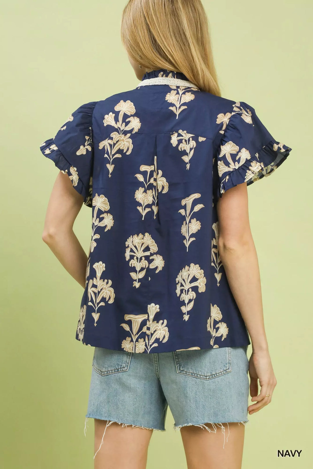 Floral ruffle sleeve top with lace-trim split neck
