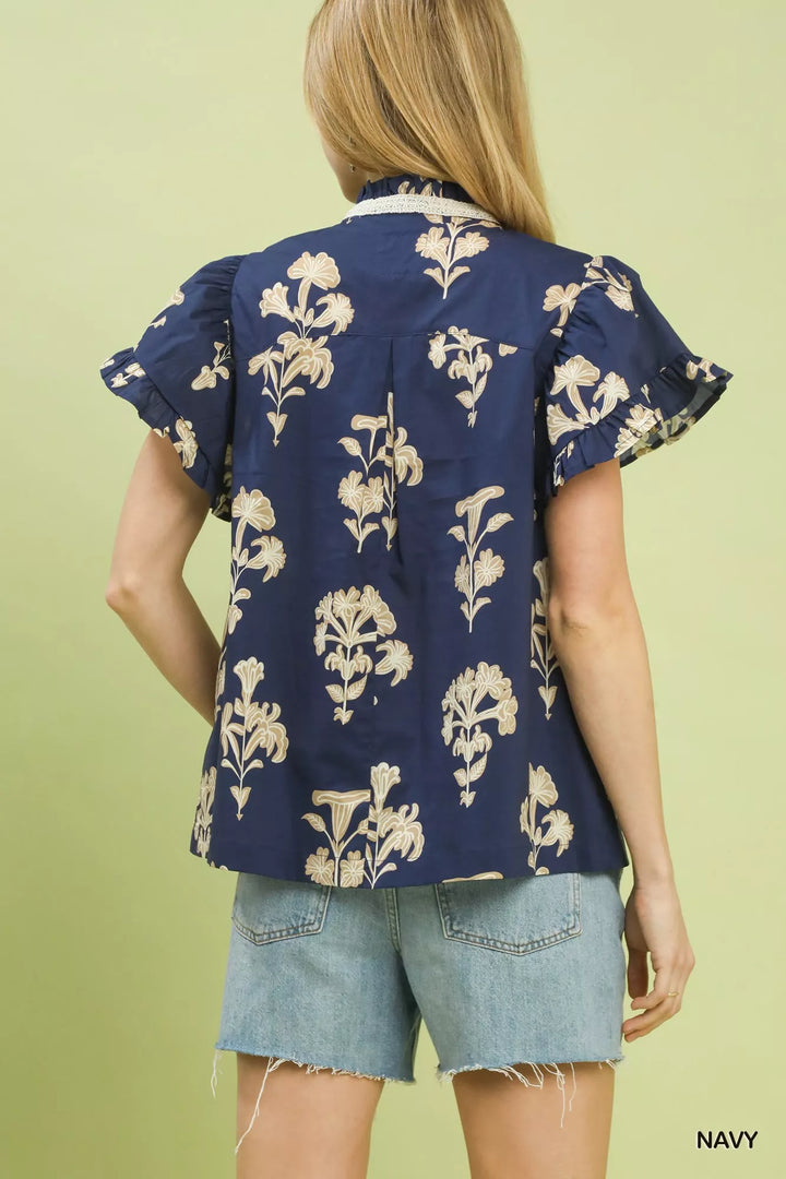 Floral ruffle sleeve top with lace-trim split neck