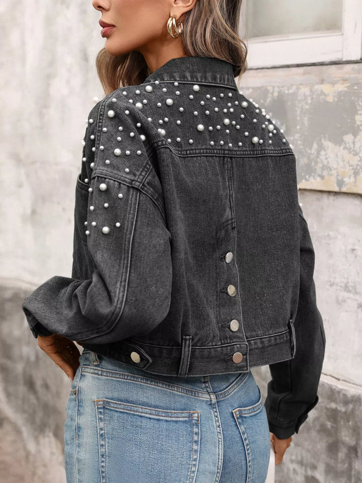 Pearl-embellished cropped denim jacket with patch pockets