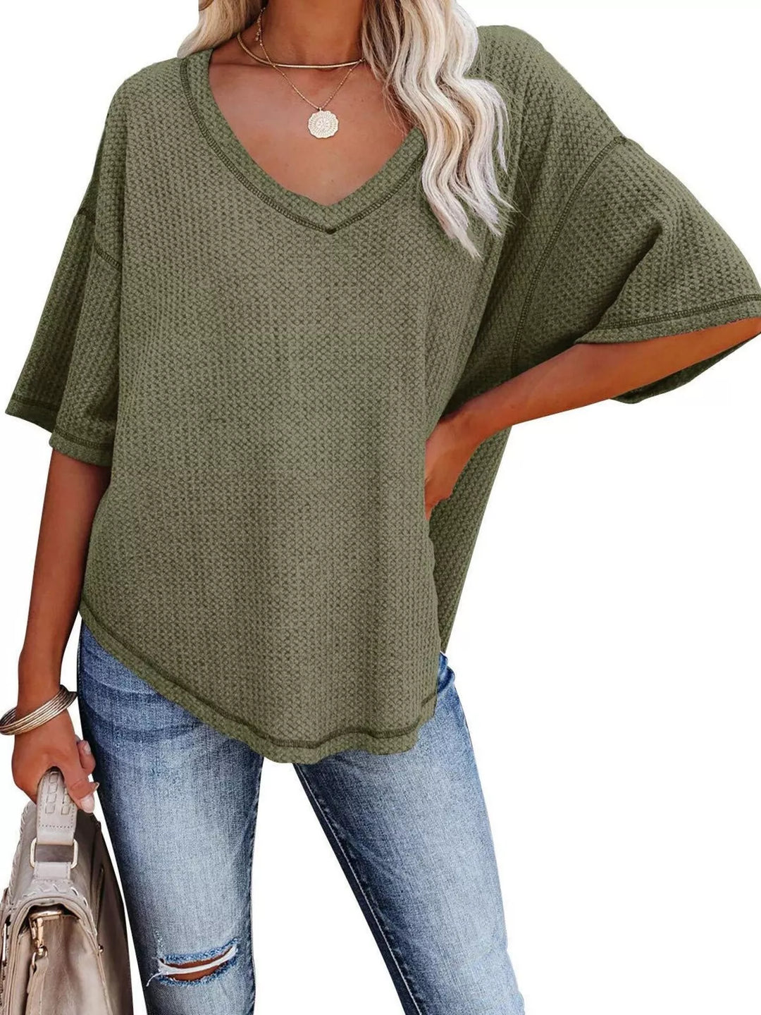 Waffle knit v-neck drop shoulder short sleeve tee