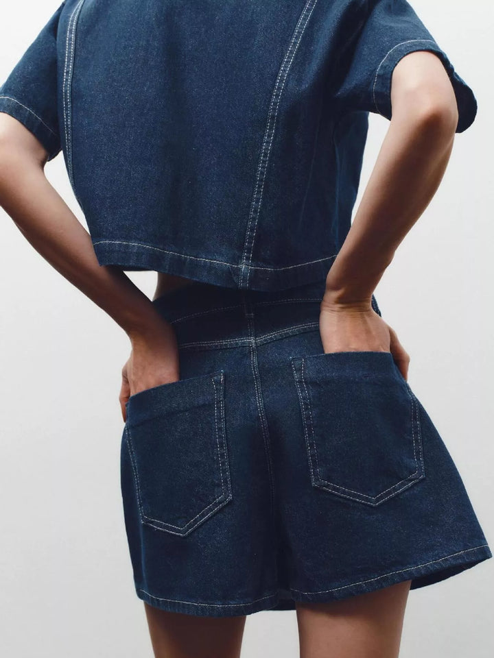 Contrast-stitch denim button-up crop shirt and skort set