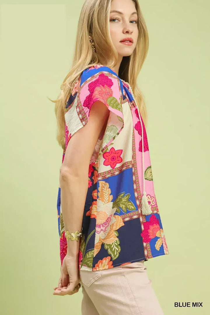 Floral patchwork tassel-tie top with lace trim