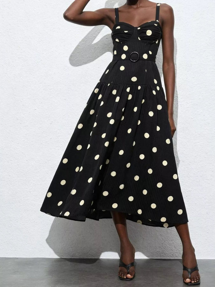 Black Polka dot sweetheart neck midi dress with belted waist