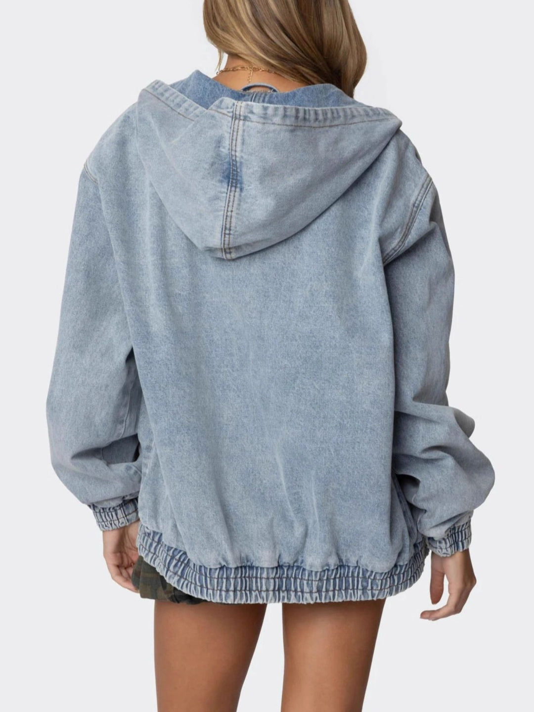 Hooded oversized zip-up denim jacket with elastic cuffs