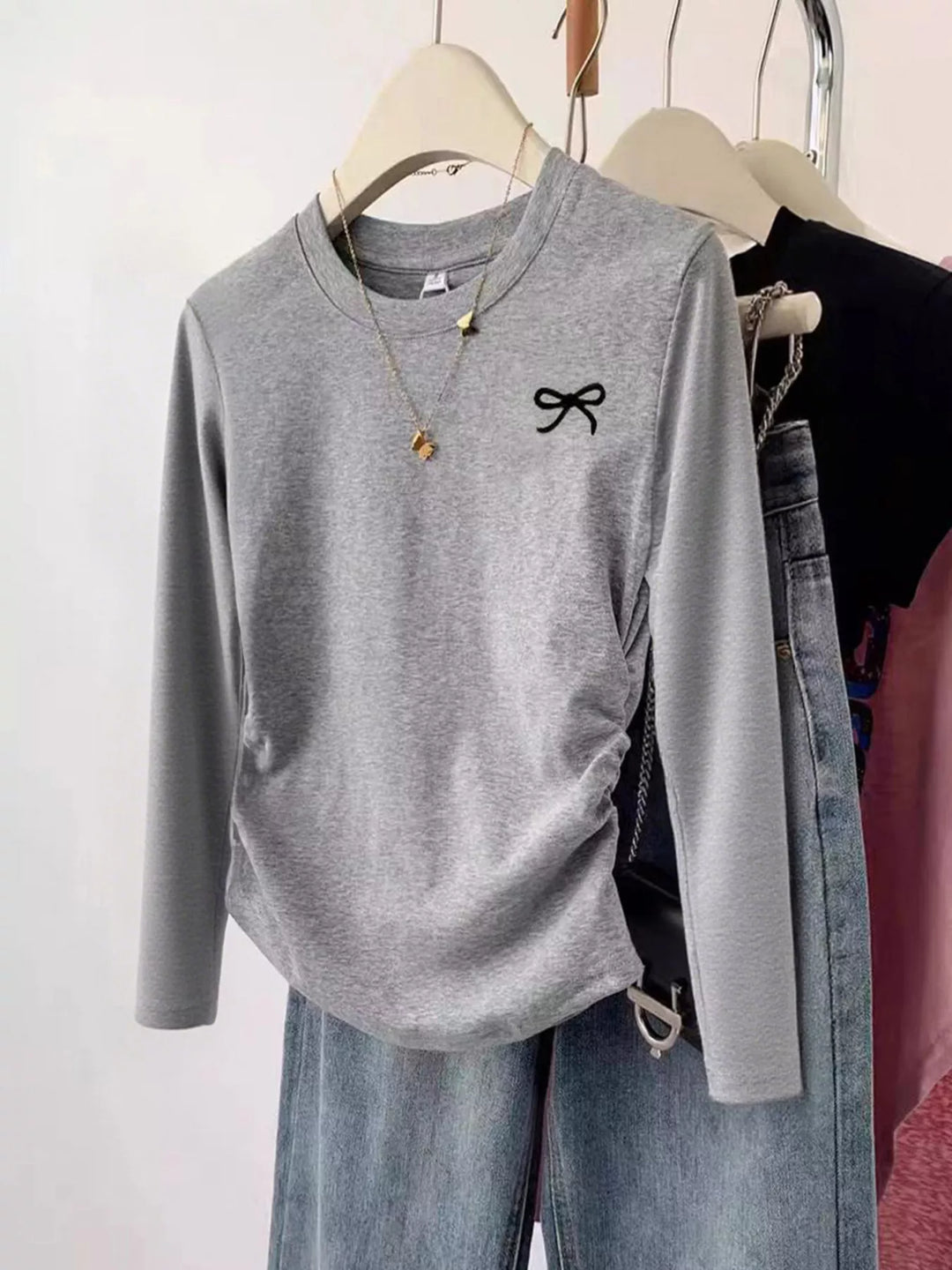 Gray Ruched side long sleeve tee with embroidered bow