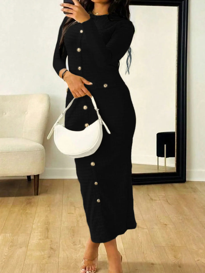 Textured knit button-front long sleeve midi dress