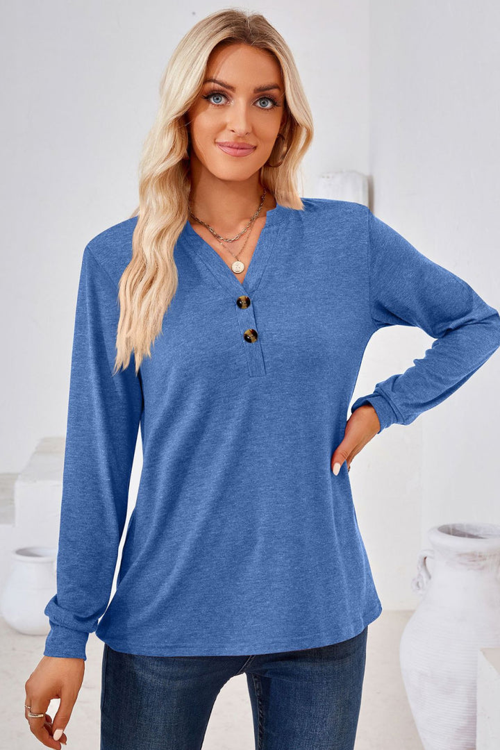 Buttoned split V-neck long sleeve henley top