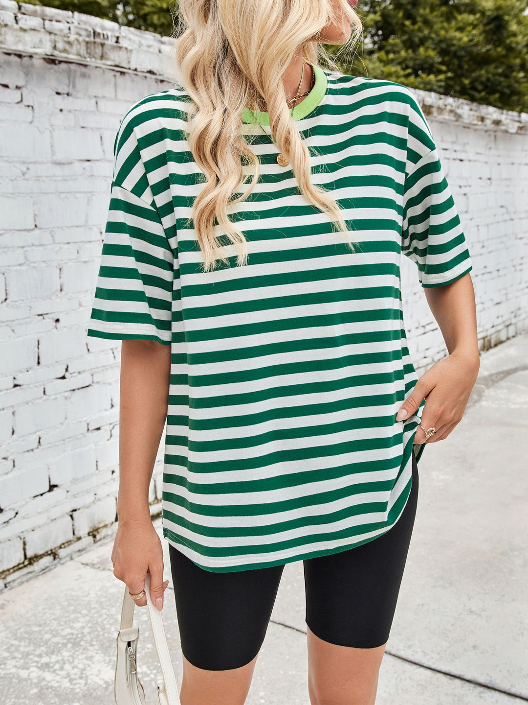 Oversized striped tee with contrast ribbed crew neck