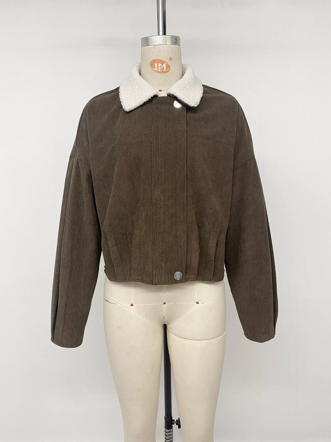Corduroy zip-up jacket with sherpa collar and snap placket