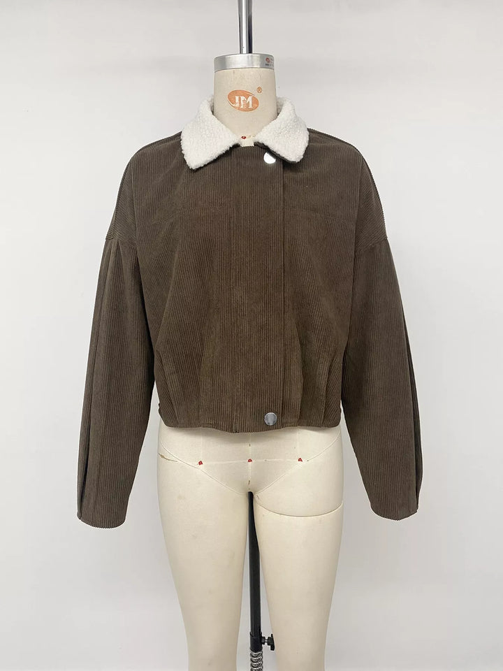 Corduroy zip-up jacket with sherpa collar and snap placket