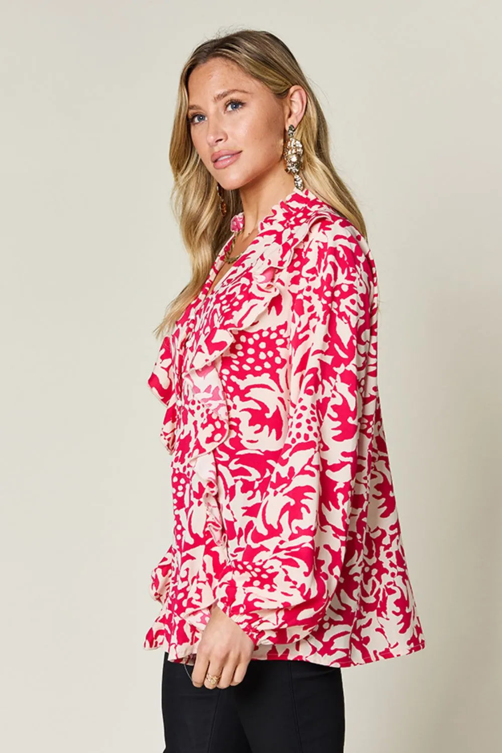 Printed balloon sleeve button-down shirt with ruffle trim