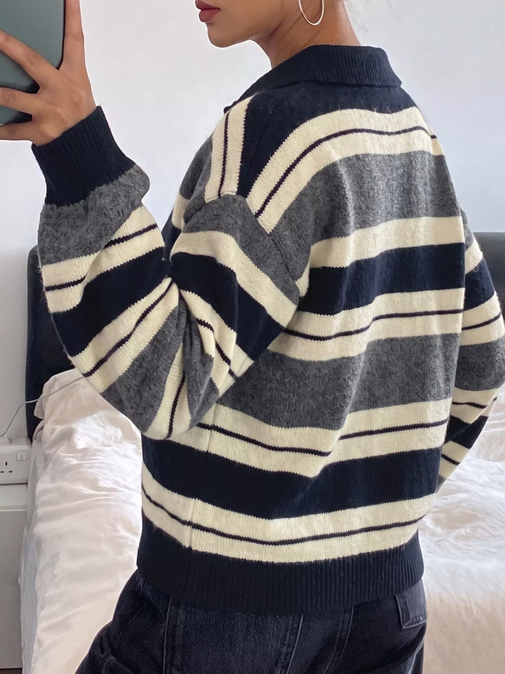 Striped polo collar sweater with button placket