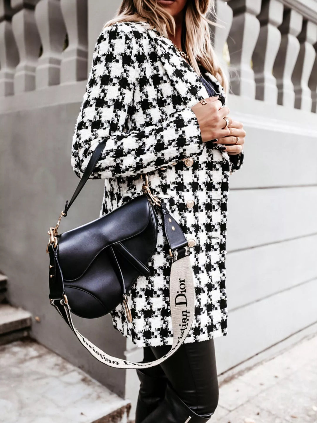 Houndstooth tweed double-breasted blazer coat with gold buttons